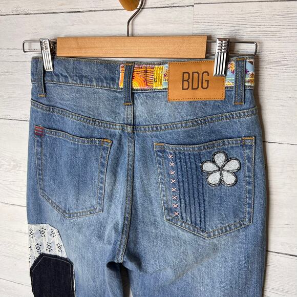 Urban Outfitters BDG Jeans Womens Size 24 Patchwork Flare Indigo Raw Hem Funky - Picture 12 of 16